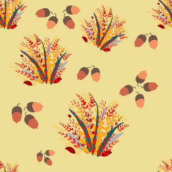 Seamless fall leaves and acorns pattern. Autumn endless design banner template. Vector illustration.