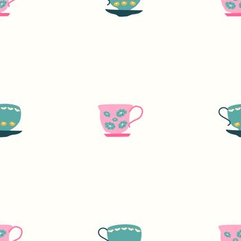 Simple seamless pattern with teal and pink retro tea cups on white background. Endless design for textile, card, cover. Vector illustration.
