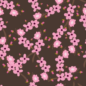 Seamless pattern with cherry blossom pink flowers on brown background. Spring endless design banner template. Vector illustration.
