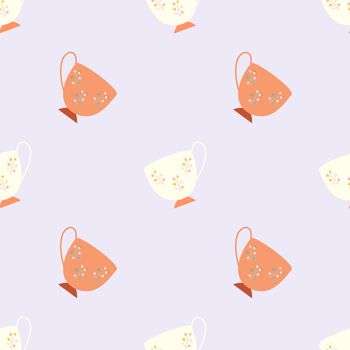 Simple seamless pattern with ivory and orange retro tea cups on lilac background. Endless design for textile, card, cover. Vector illustration.