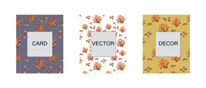 Set of cards with seamless fall leaves and acorns pattern. Autumn endless design banner template. Vector illustration.