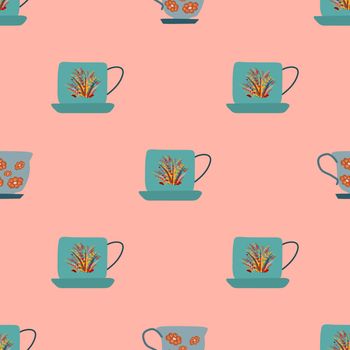 Simple seamless pattern with teal retro tea cups with autumn leaves on coral background. Endless design for textile, card, cover. Vector illustration.