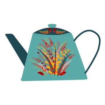 Retro turquoise tea pot with autumn leaves decor. Isolated on white background. Flat cartoon style. Vector Illustration.