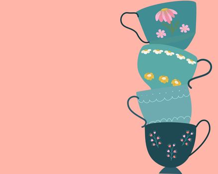 Pink card with vertical border of retro tea cups with floral decor. Flat cartoon style. Vector Illustration.