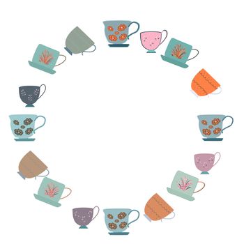 Frame with collection of rare retro tea cups with floral decor. Flat cartoon style. Vector Illustration.