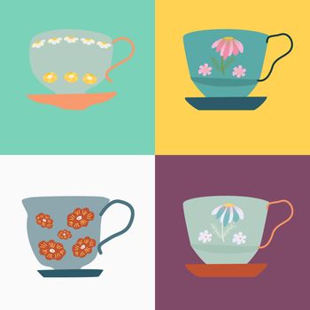 Collection of blue retro tea cups with saucer and floral decor. Flat cartoon style. Vector Illustration.