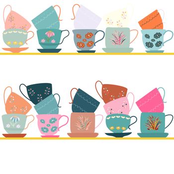 Kitchen shelves with collection of rare retro tea cups with floral decor. Flat cartoon style. Vector Illustration.