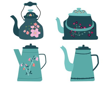 Collection of retro teal color kettles on white background. Flat cartoon style. Vector Illustration.