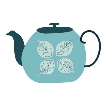Retro blue tea pot with leaves decor. Isolated on white background. Flat cartoon style. Vector Illustration.
