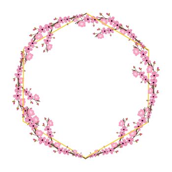Round frame with pink cherry blossom flowers isolated on white background. Floral circle with space for text. Vector illustration