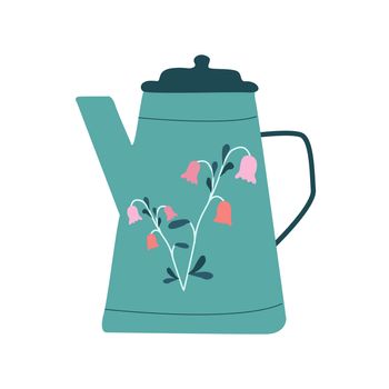 Retro coffee pot blue color with floral decor. Isolated on white background. Flat cartoon style. Vector Illustration.