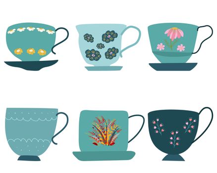 Collection of blue retro tea cups with saucer and floral decor isolated on white backgrround. Flat cartoon style. Vector Illustration.