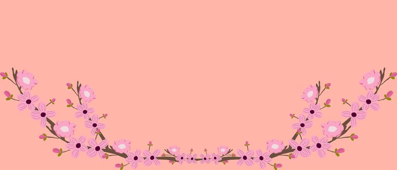 Horisontal pink banner with cherry blossom flowers. Floral shape with space for text. Vector illustration