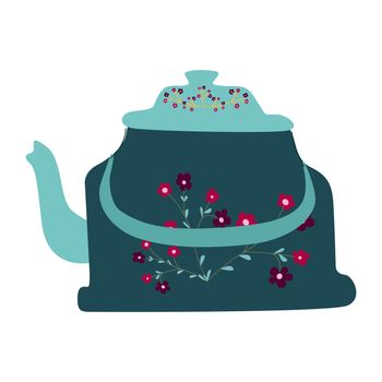Retro blue kettle with flower decor. Isolated on white background. Flat cartoon style. Vector Illustration.