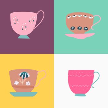Collection of pink and brown retro tea cups with saucer and floral decor. Flat cartoon style. Vector Illustration.