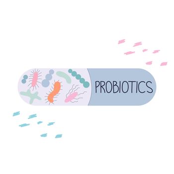 Capsule with good microorganisms and note probiotics in outline style illustration. Good microorganisms concept. Vector illustration isolated on white background.