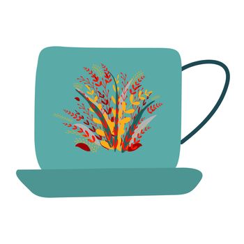 Retro blue tea cup with orange leaves decor. Isolated on white background. Flat cartoon style. Vector Illustration.