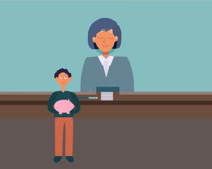 Little child with piggy money box savings with cashier in Bank. Child finance education concept. Flat cartoon style. Vector illustration
