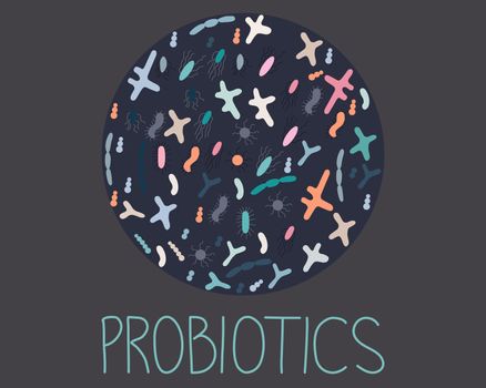 Circle with probiotics for good microorganisms concept. Probiotics note. Vector illustration in flat cartoon style. Propionibacterium, lactobacillus, lactococcus, bifidobacterium.