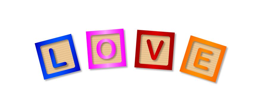The word love made up from wooden blocks over a white background