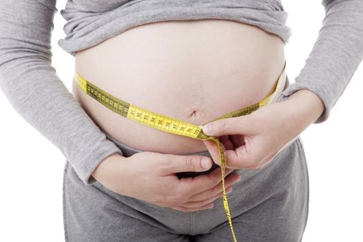 Closeup of pregnant woman at white background