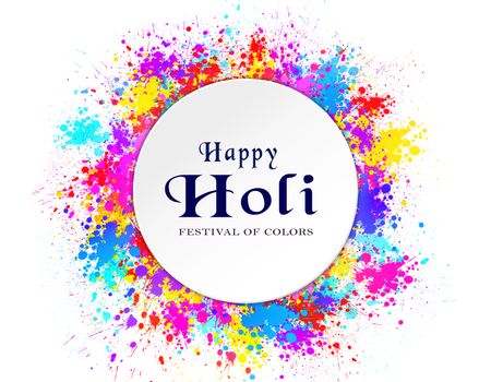 Happy Holi design on white background. Bright circle in the middle with greeting text