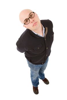 young silly casual man full body in a white background