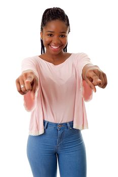 Happy african girl pointing, isolated on white background