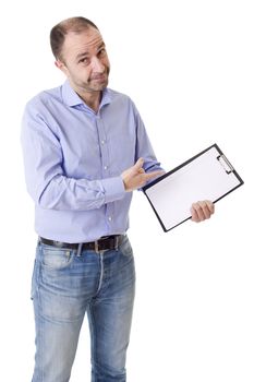 friendly young man pointing to a sheet and looking into the camera. isolated on white background