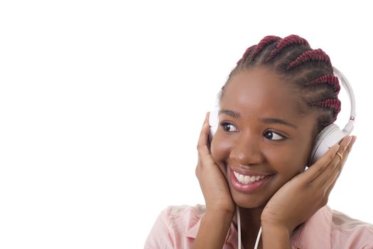 beautiful young afro woman listening music, isolated