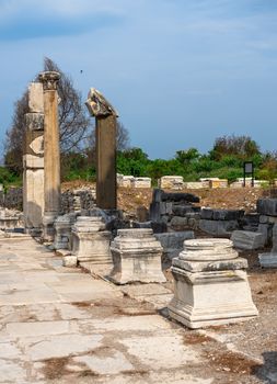 Ephesus, Turkey – 07.17.2019. Harbor or Arcadian Street in antique Ephesus on a sunny summer day