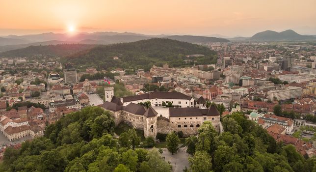 Aerial panorama of Ljubljana, capital of Slovenia, at sunset.