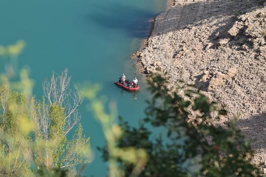Fishing boat in a lake from a top view of Catalunya