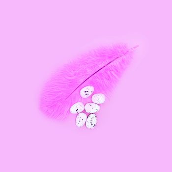 Eggs on a pink feather on a pink background. Easter concept