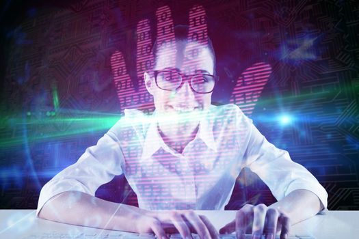 Businesswoman typing on a keyboard against pink technology hand print binary design