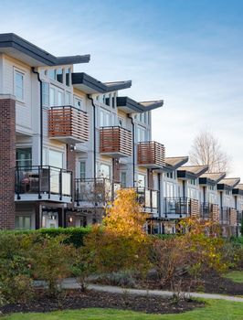 Row of residential townhouses on winter day in British Columbia