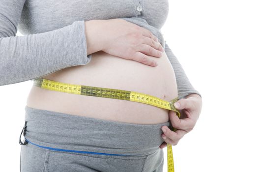 Closeup of pregnant woman at white background