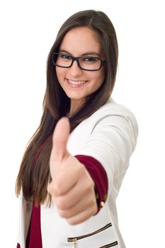 young business woman going thumbs up isolated on white background