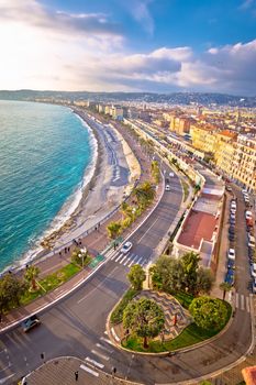 City of Nice Promenade des Anglais waterfront and beach view, French riviera, Alpes Maritimes department of France