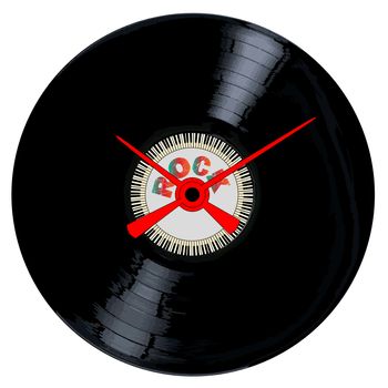 A typical LP vinyl record with the legend ROCK and a circle of piano keys all over a white background with the hands of a clock