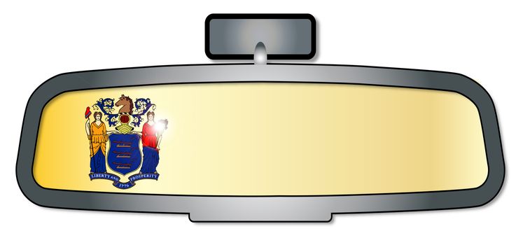 A vehicle rear view mirror with the flag of the state of New Jersey