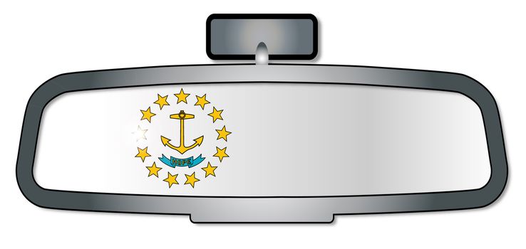 A vehicle rear view mirror with the flag of the state of Rhode Island