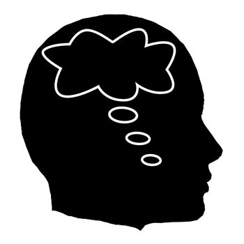 A black isolated man head with a thought bubble