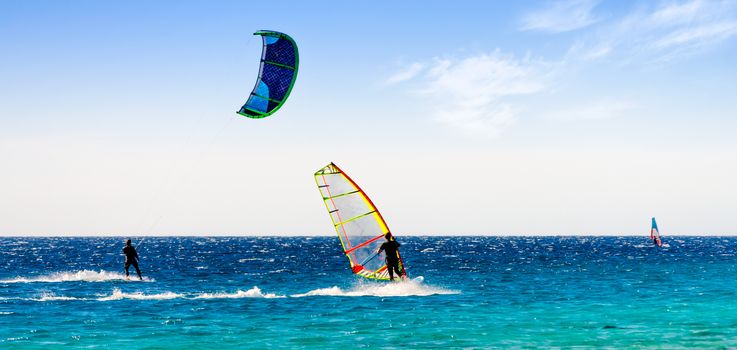 windsurfers and kitesurfers ride in the Red Sea in Sharm El Sheikh