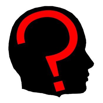 A black isolated man head with a red question mark