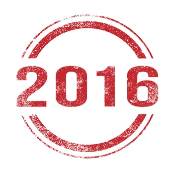 A 2016 red ink grunge stamp over a white background