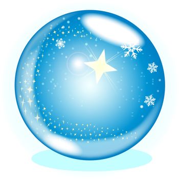 A crystal ball over a winter scene background with the Christmas Star