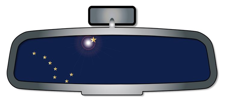 A vehicle rear view mirror with the flag of the state of Alabama