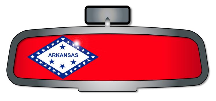 A vehicle rear view mirror with the flag of the state of Arkansas