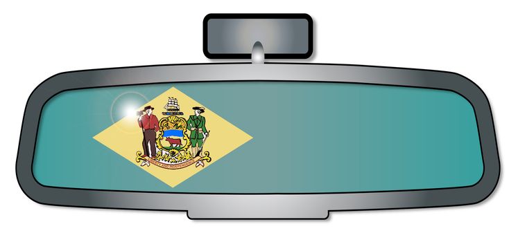 A vehicle rear view mirror with the flag of the state of Delaware